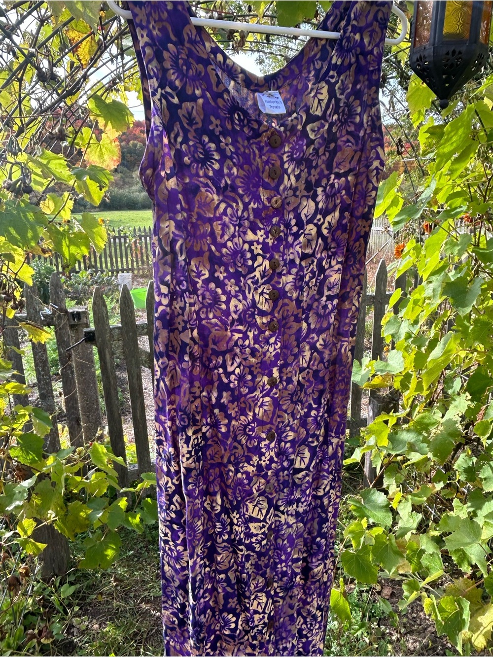 Sleeveless Purple Floral Maxi Dress with Gold Accents